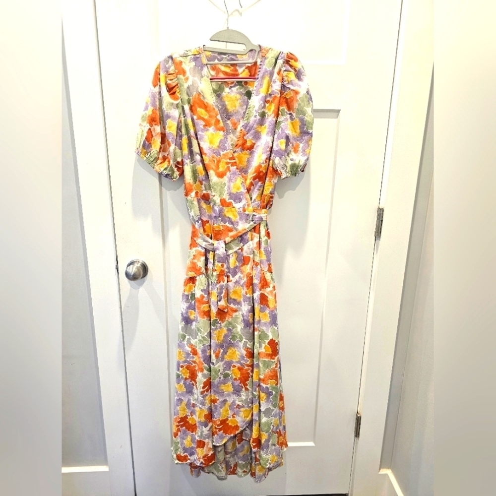 Floral Faux Wrap Midi Dress Puff Sleeve Belted Watercolor Print Size L
